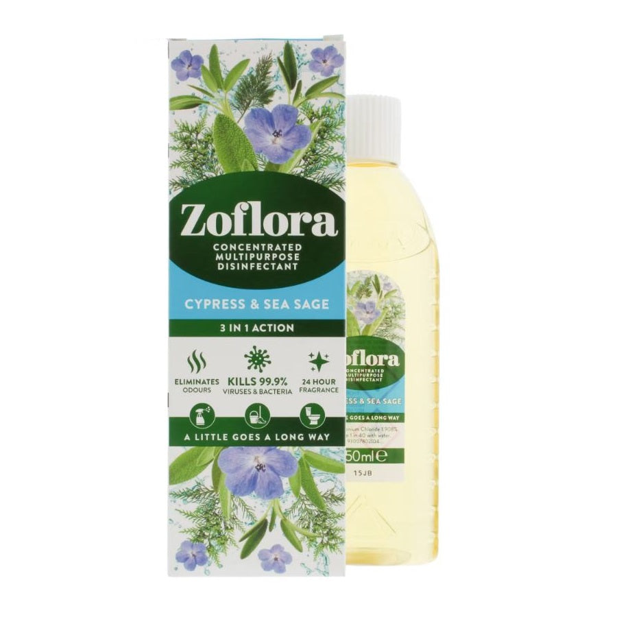 Zoflora 3 in 1 Action Cypress and Sea Sage Concentrated Disinfectant Cleaner 250ml | Multipurpose | Eliminates Odours | 24Hr Fragrance | Kills Viruses And Bacteria