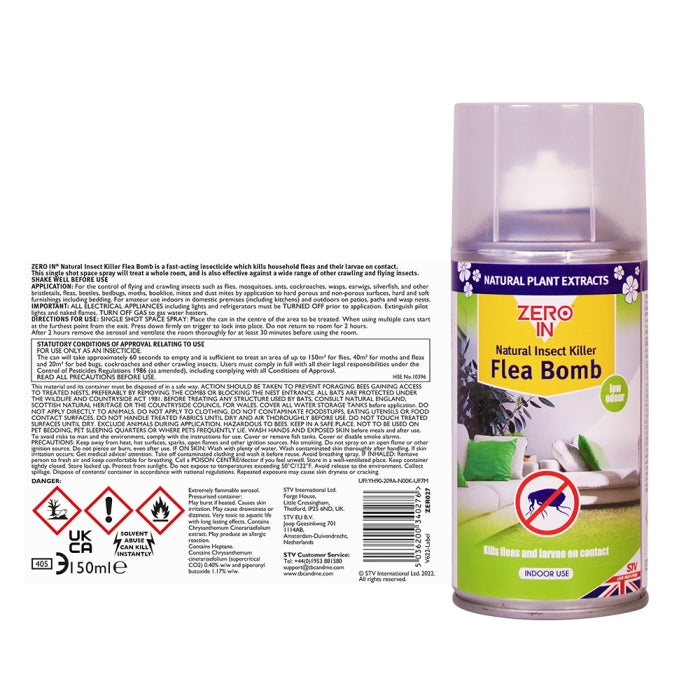 Zero In Natural Insect Killer Flea Bomb 150ml ZER027 | Low Odour | Kills Fleas and larvae on Contact | Indoor Use Only | Natural plant Extracts