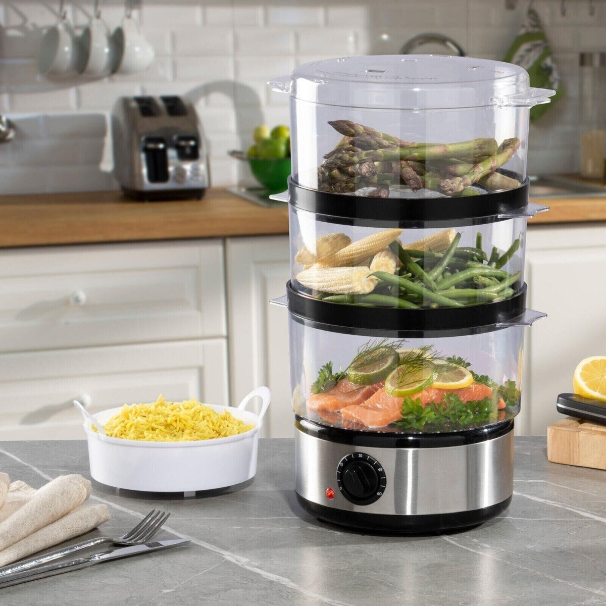 Daewoo 3 Tier Food Steamer with Rice Bowl Clear 7Ltr SDA2325 | Removeable Tiers | Healthier Living | 60 Minute Timer | 400W Power