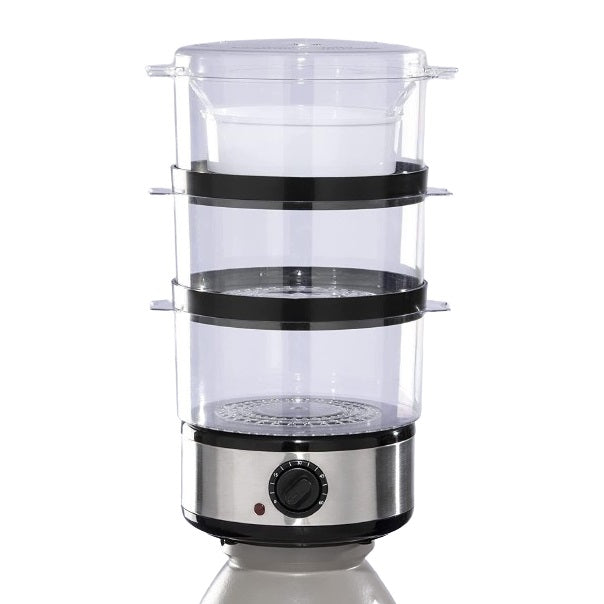 Daewoo 3 Tier Food Steamer with Rice Bowl Clear 7Ltr SDA2325 | Removeable Tiers | Healthier Living | 60 Minute Timer | 400W Power