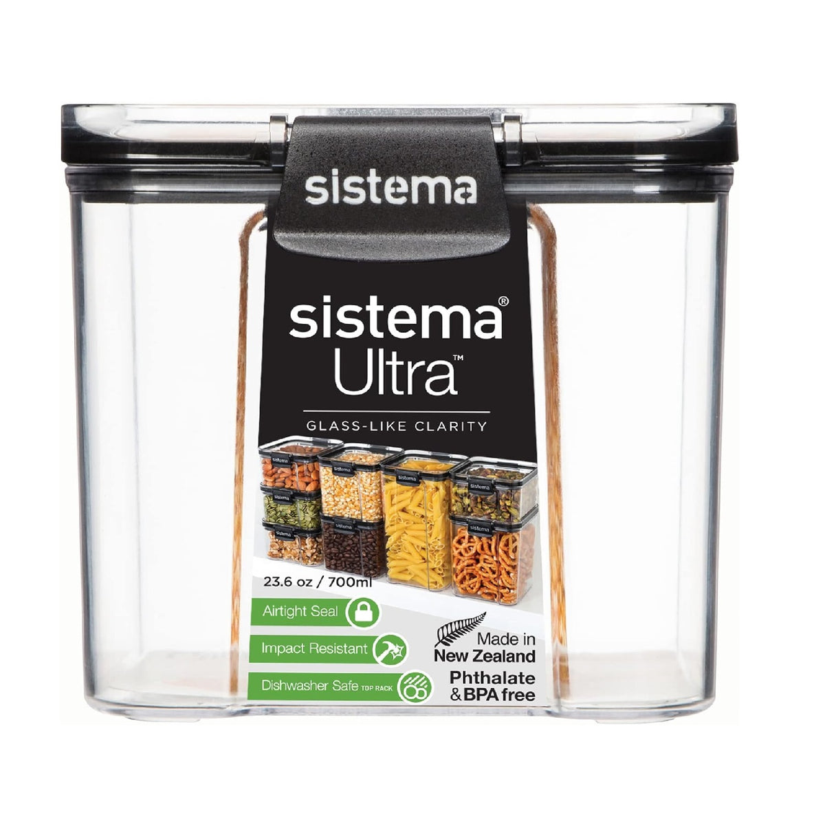 Sistema Tritan Ultra Square Food Storage Container Clear Black 700ml-23.6oz SI51401| High Quality | Ultra Clear | Glass-Like Clarity | Airtight Seal | Impact Resistant | Dishwasher Safe | Phthalate and BPA Free