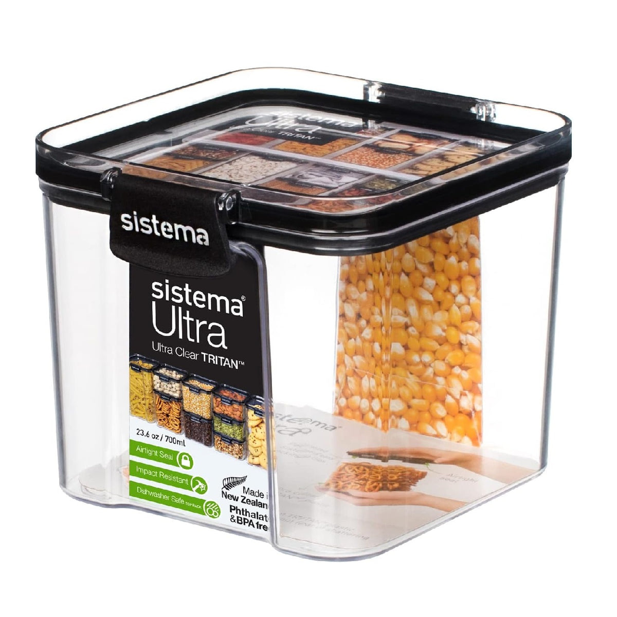 Sistema Tritan Ultra Square Food Storage Container Clear Black 700ml-23.6oz SI51401| High Quality | Ultra Clear | Glass-Like Clarity | Airtight Seal | Impact Resistant | Dishwasher Safe | Phthalate and BPA Free