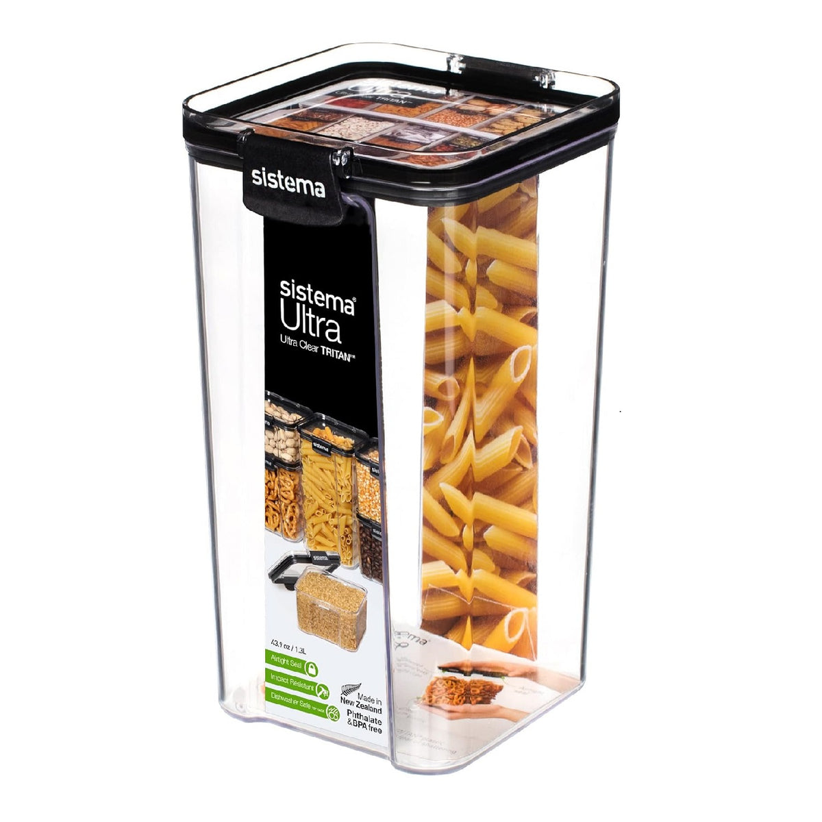 Sistema Tritan Ultra Square Food Storage Container Clear Black 1.3Ltr-43.9oz 5002081| High Quality | Ultra Clear | Glass-Like Clarity | Airtight Seal | Impact Resistant | Dishwasher Safe | Phthalate and BPA Free