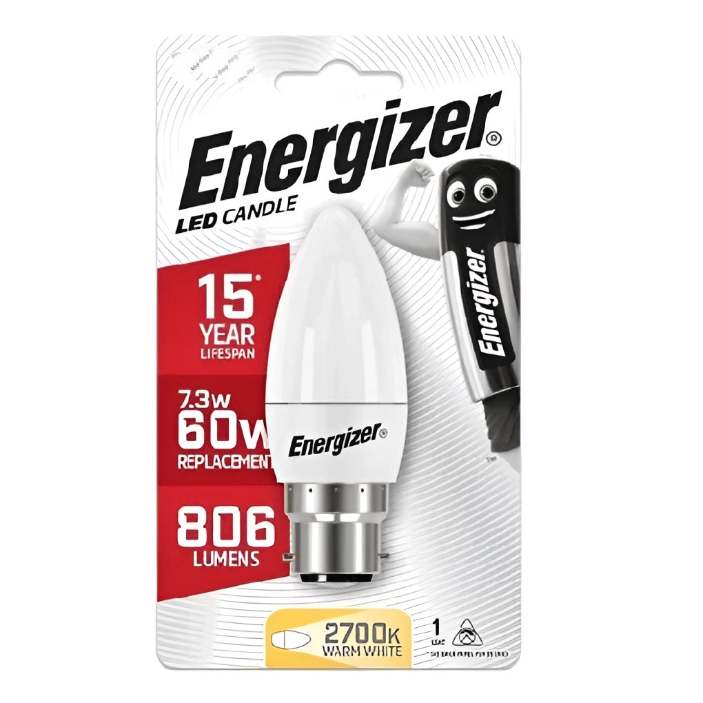 Energizer LED E27 Candle Opal Warm White 7.3W L106mm x W38mm 806 Lumens S17358 |Uses Up to 87 Percent Less Energy | Mercury Free | 15000 Hour | Instant