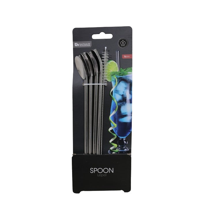 Excellent Houseware Drinking Straws with Spoon Stainless Steel Pack of 5 137896 | Includes Cleaning Brush | Eco Friendly | Use Over and Over Again | Ideal for Cold or Hot Beverages