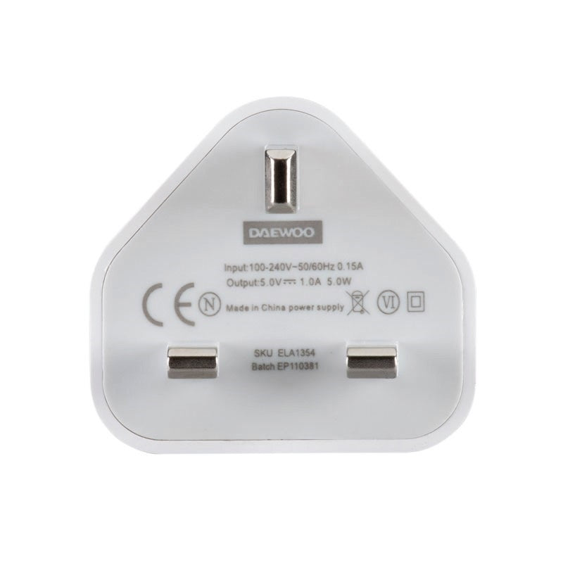 Daewoo Single USB Mains Charger 1AMP White ELA1354 | 1 USB Port | 3 Pin Plug | Power Input - AC100-240V 50-60Hz | Compatible With Most USB | Short Circuit Protection | Smart IC