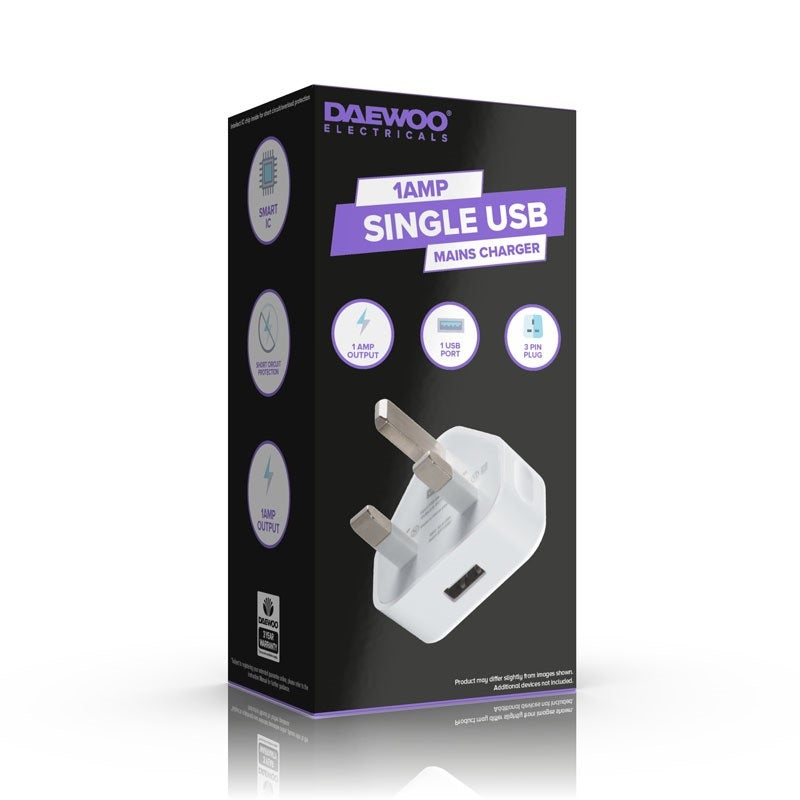 Daewoo Single USB Mains Charger 1AMP White ELA1354 | 1 USB Port | 3 Pin Plug | Power Input - AC100-240V 50-60Hz | Compatible With Most USB | Short Circuit Protection | Smart IC