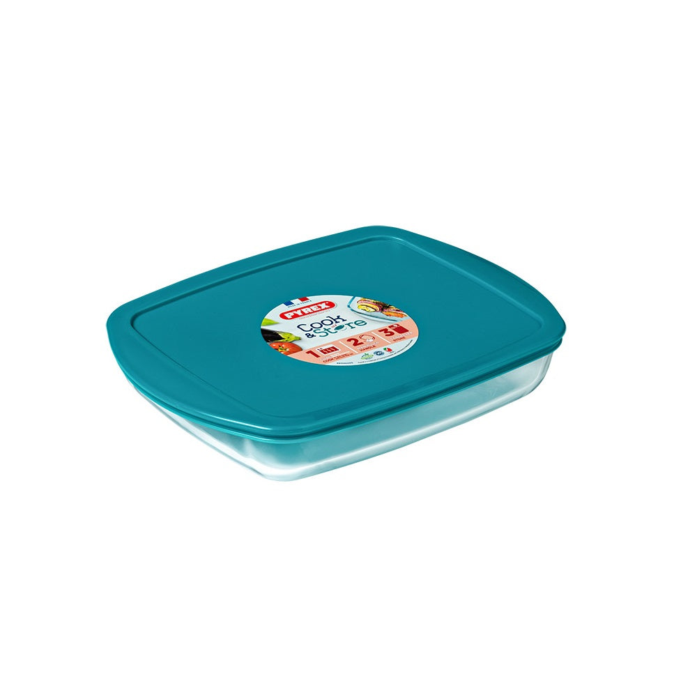 Pyrex Cook and Store Rectangular Dish Transparent 23cm x 15cm 0.8Ltr 213P000 | Airtight BPA-free Lid | Multi-uses | Manipuler Handle| Microwave Safe | 3 Conserver Store