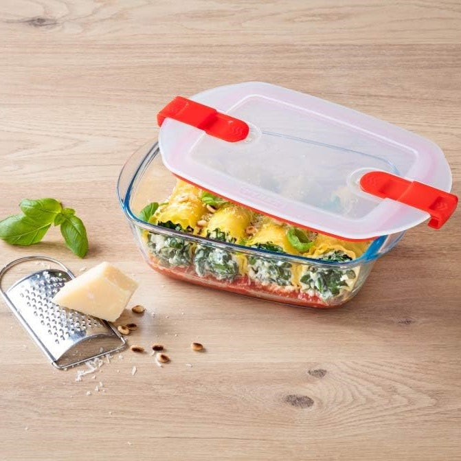 Pyrex Cook and Heat Rectangular Dish Transparent 23cm x 15cm x 7cm 1.2Ltr 215PH00 | Airtight BPA-free Lid | Multi-uses | 220 degree Thermal Shock | Cook | Store | Reheat | Microwave Safe