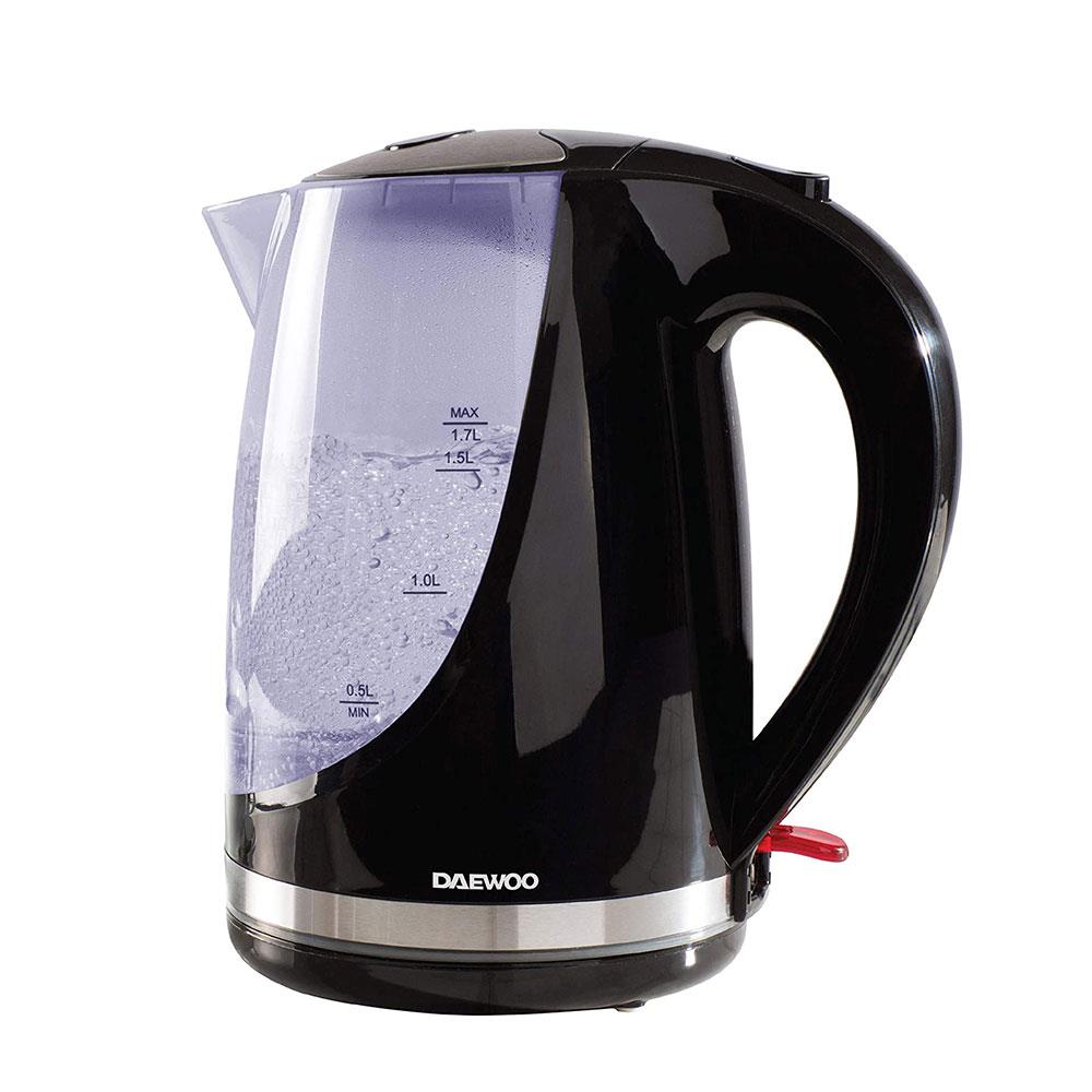 Daewoo Colour Changing Kettle Black 23cm x 16.5cm x 20.5cm 1.7Ltr SDA1666 | 2200W Power | Wide Opening Lid | 360 Degree Swivel Base | Removable Filter | Auto Shutt Off | Water Level Gauge | Left or Right Handed