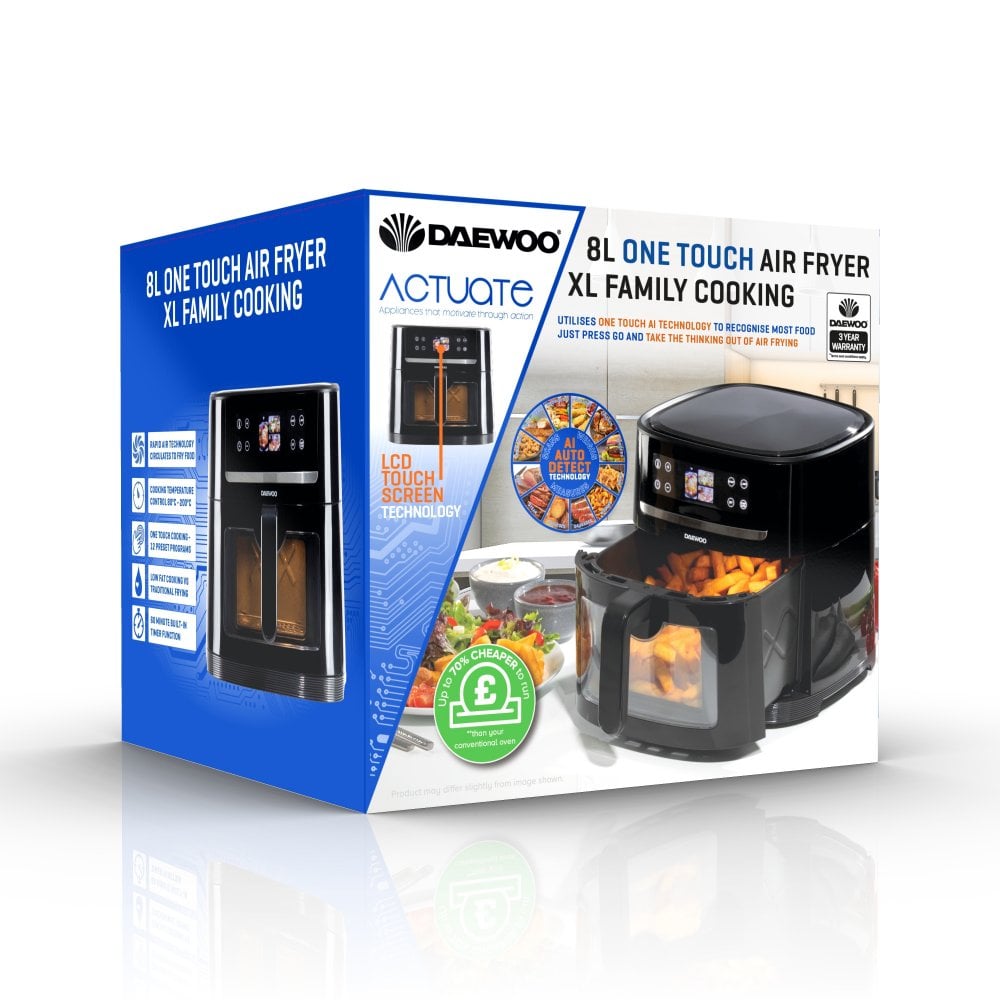 Daewoo A.I. Smart Air Fryer Black 30.5cm x 32.2cm x 33.7cm 8Ltr SDA2620 | LCD Touch Screen | XL Family Cooking | Temperature Control | Viewing Window | 1800W Power
