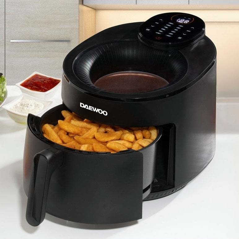 Daewoo Cyclonic Air Fryer with Window Black 45.5cm x 29cm x 28.3cm 5Ltr SDA2675 | 1500W | Rapid Air Fryer Technology | Full Glass Viewing | Versatile Cooking | 360 Degree Bladeless Fan Air Circulation | One Touch Cooking | Timer Function