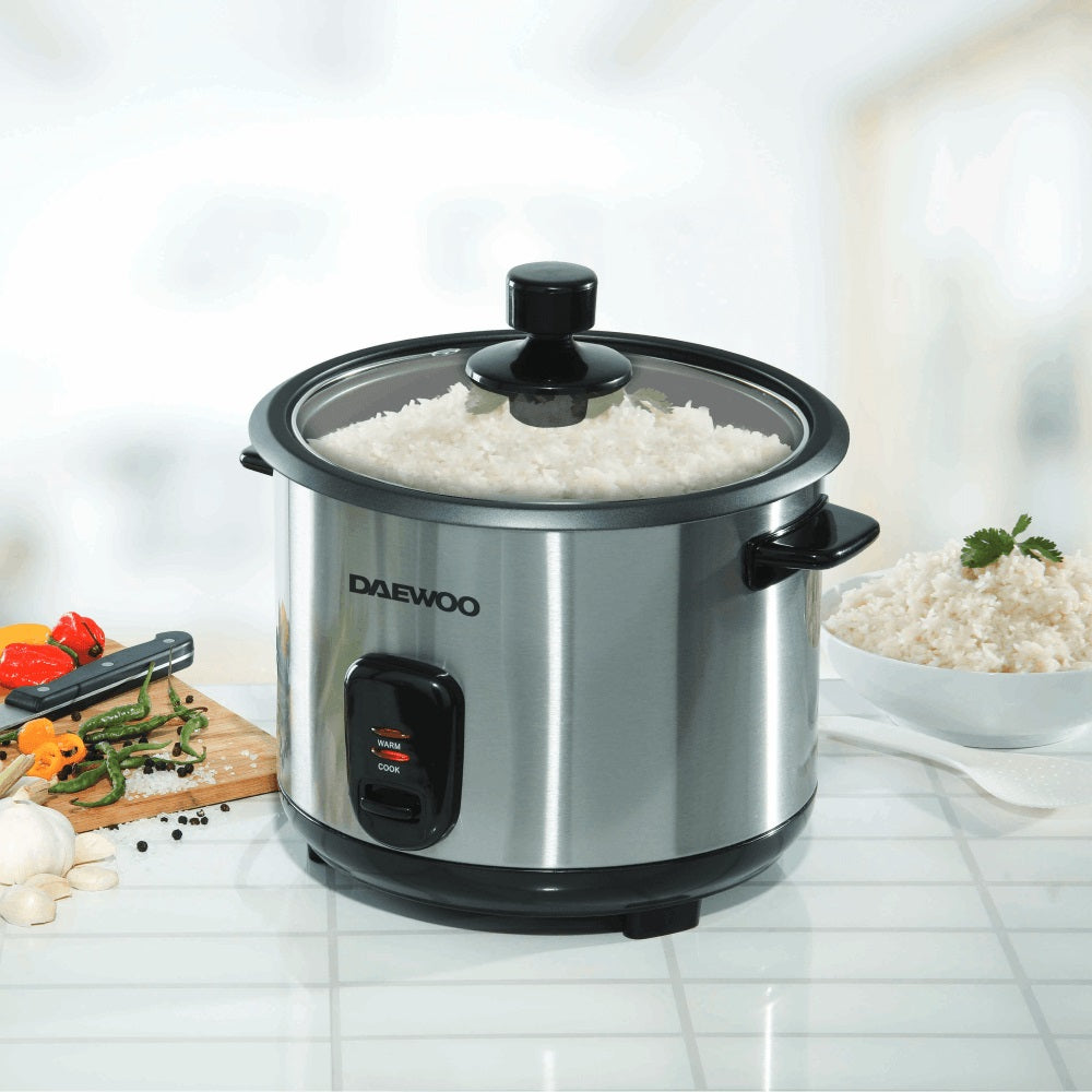 Daewoo Stainless Steel Rice Cooker Black and Silver 28.7cm x 28.5cm x 27.9cm 1.8Ltr SDA1061 | With Steamer Basket | Non-stick Bowl | Easy to Clean | 700W Power | Glass Lid With Steam Vent | Makes 10 Cup of Rice | Includes Measuring Cup and Spatula