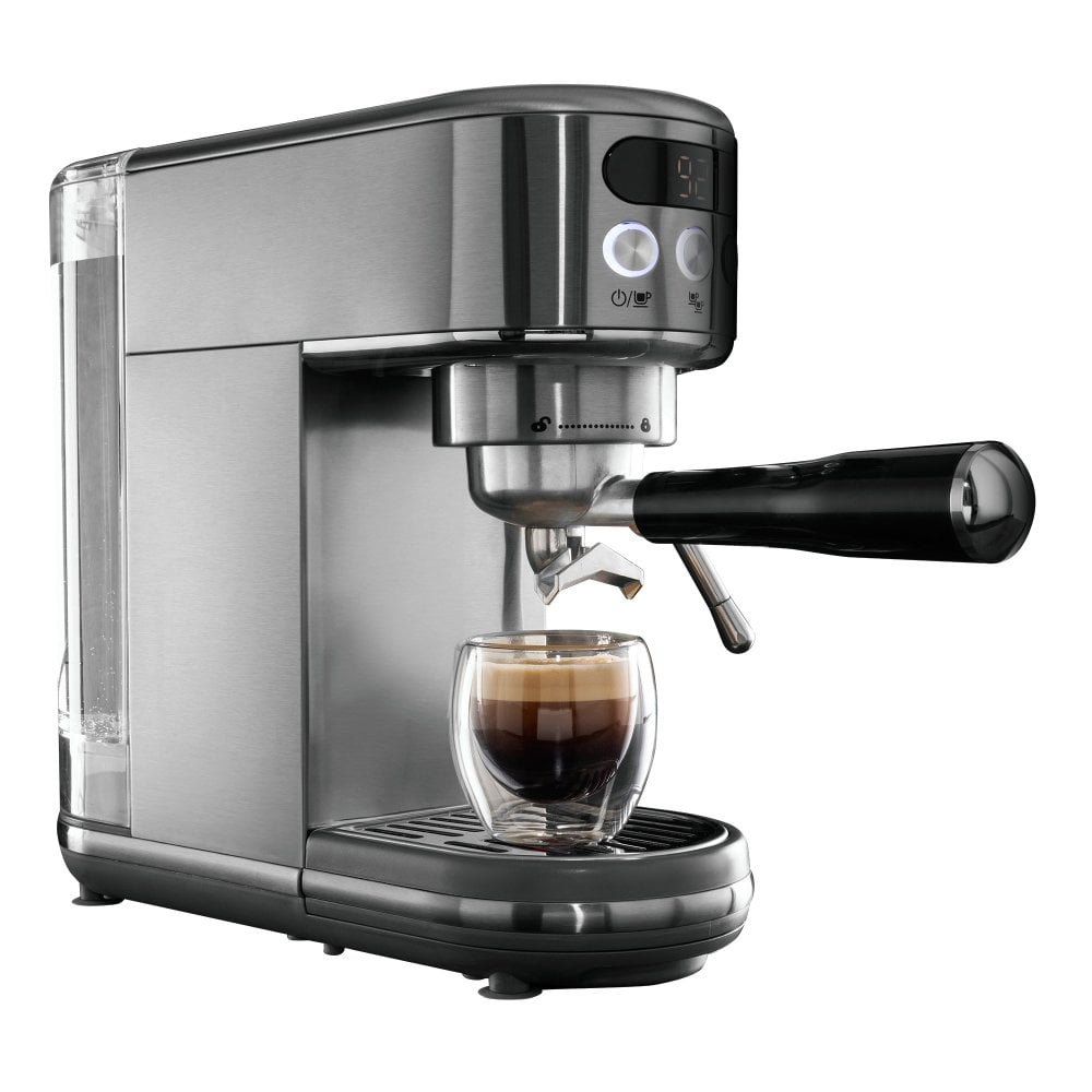 Daewoo 20 Bar Digital Compact Barista Espresso Coffee Maker With Milk Frother Grey SDA2700 | Steam Wand | Barista Experience | 1.2Ltr Water Tank | Digital Display | Includes - Steam Jug and 2 Espresso Cups