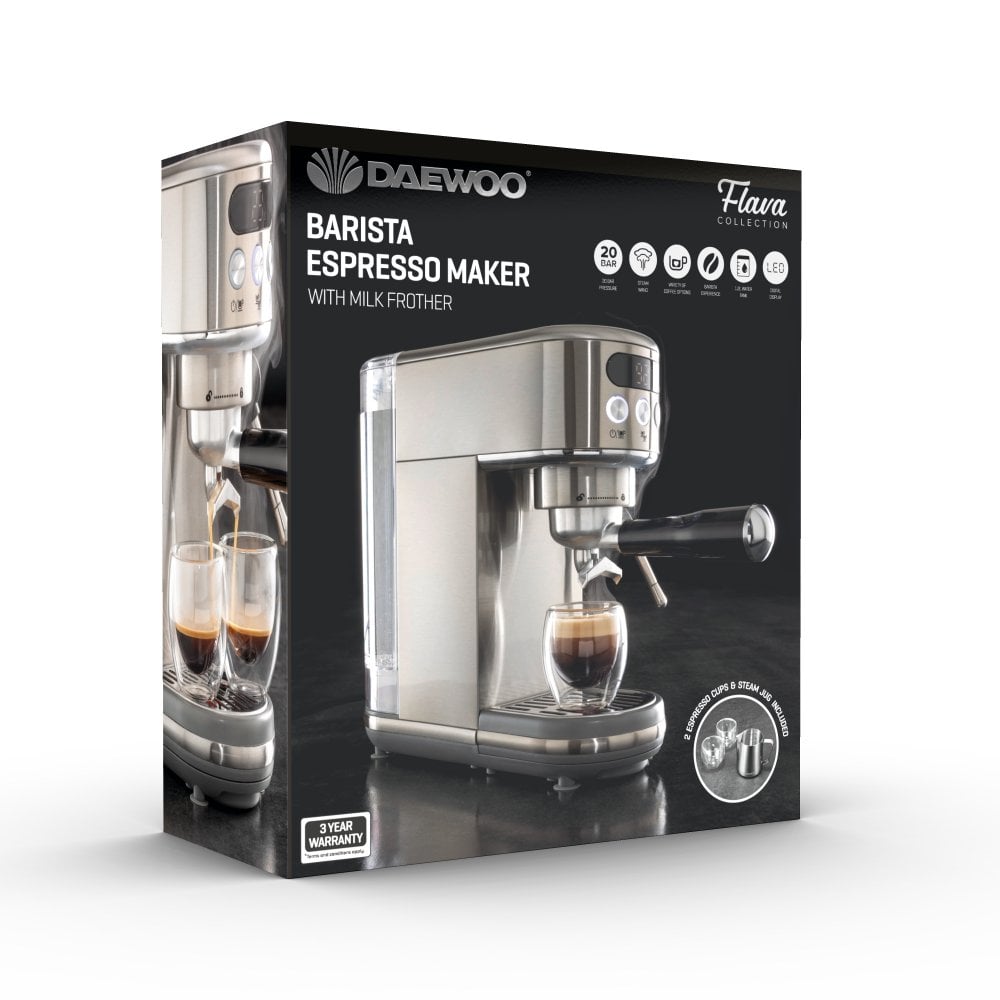 Daewoo 20 Bar Digital Compact Barista Espresso Coffee Maker With Milk Frother Grey SDA2700 | Steam Wand | Barista Experience | 1.2Ltr Water Tank | Digital Display | Includes - Steam Jug and 2 Espresso Cups