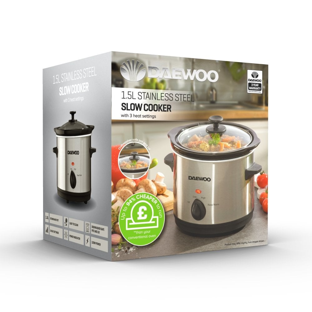 Daewoo Stainless Steel Slow Cooker Black and Silver 1.5Ltr SDA1363 | With 3 Heat Settings | Stoneware Pot | Easy to Clean | Power Indicator | 120W Power | Dishwasher Safe Pot and Lid