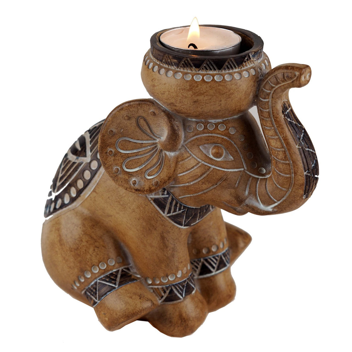 Wooden Elephant Tealight Holder Brown 15cm 185090