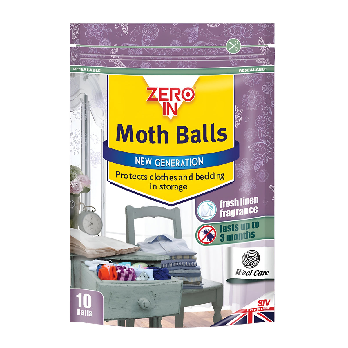 Stv Zero-In Moth Balls Pack of 10 ZER436 | Protects Clothes and Bedding in Storage | Fresh Linen Fragrance | Last Up to 3 Months