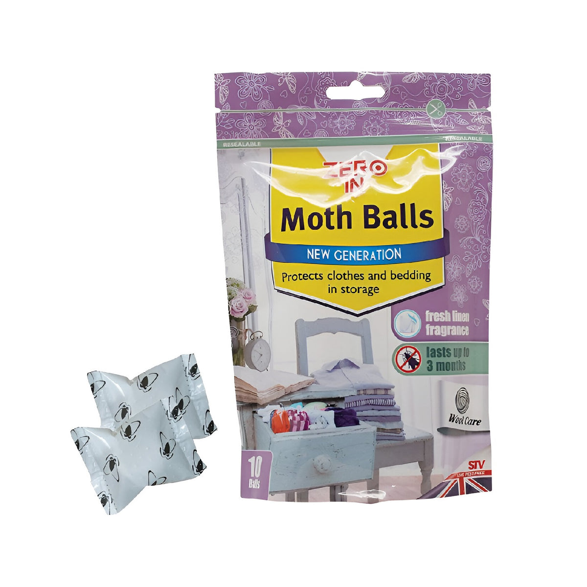 Stv Zero-In Moth Balls Pack of 10 ZER436 | Protects Clothes and Bedding in Storage | Fresh Linen Fragrance | Last Up to 3 Months