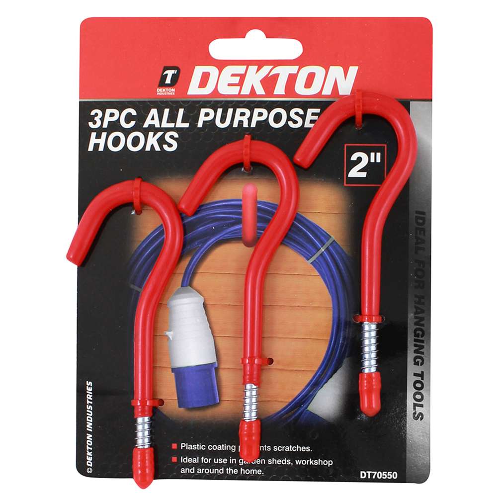 Dekton All Purpose Hooks Red 2-Inch Pack of 3 DT70550 | Plastic Coating Prevents Scratches | Ideal for Hanging Tools