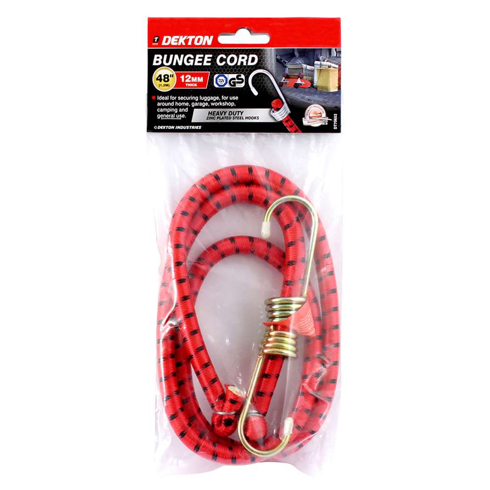 Dekton Bungee Cord Red 48-Inch x 12mm DT70652 | Heavy Duty Zinc Plated Steel Hooks