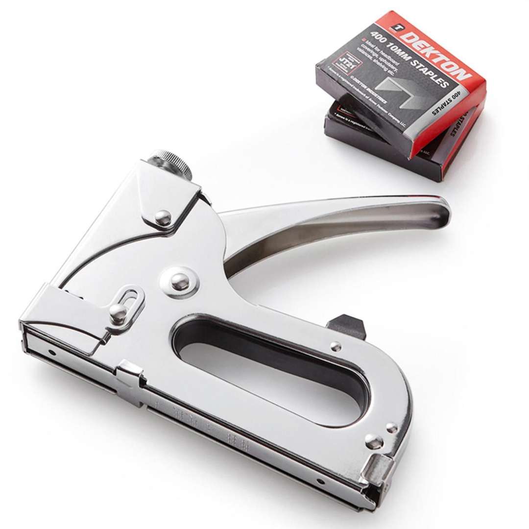 Dekton Heavy Duty Staple Gun Chrome DT40713 | Fits 6-14mm Staples | Includes 800 Staples | Durable Steel Body with Impact Adjuster | Non Slip Rubber Contour Grip Handle | Handle Lock for Safety | Powerful Driving Force