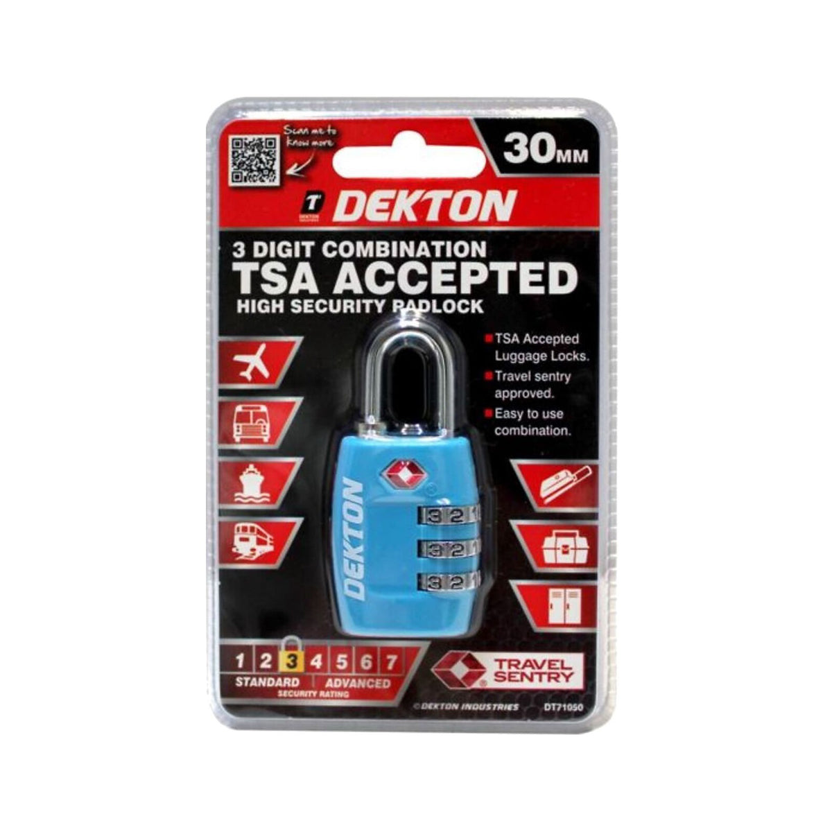 Dekton 3 Digit Combination TSA Accepted High Secuirty Padlock Blue 30mm DT71050