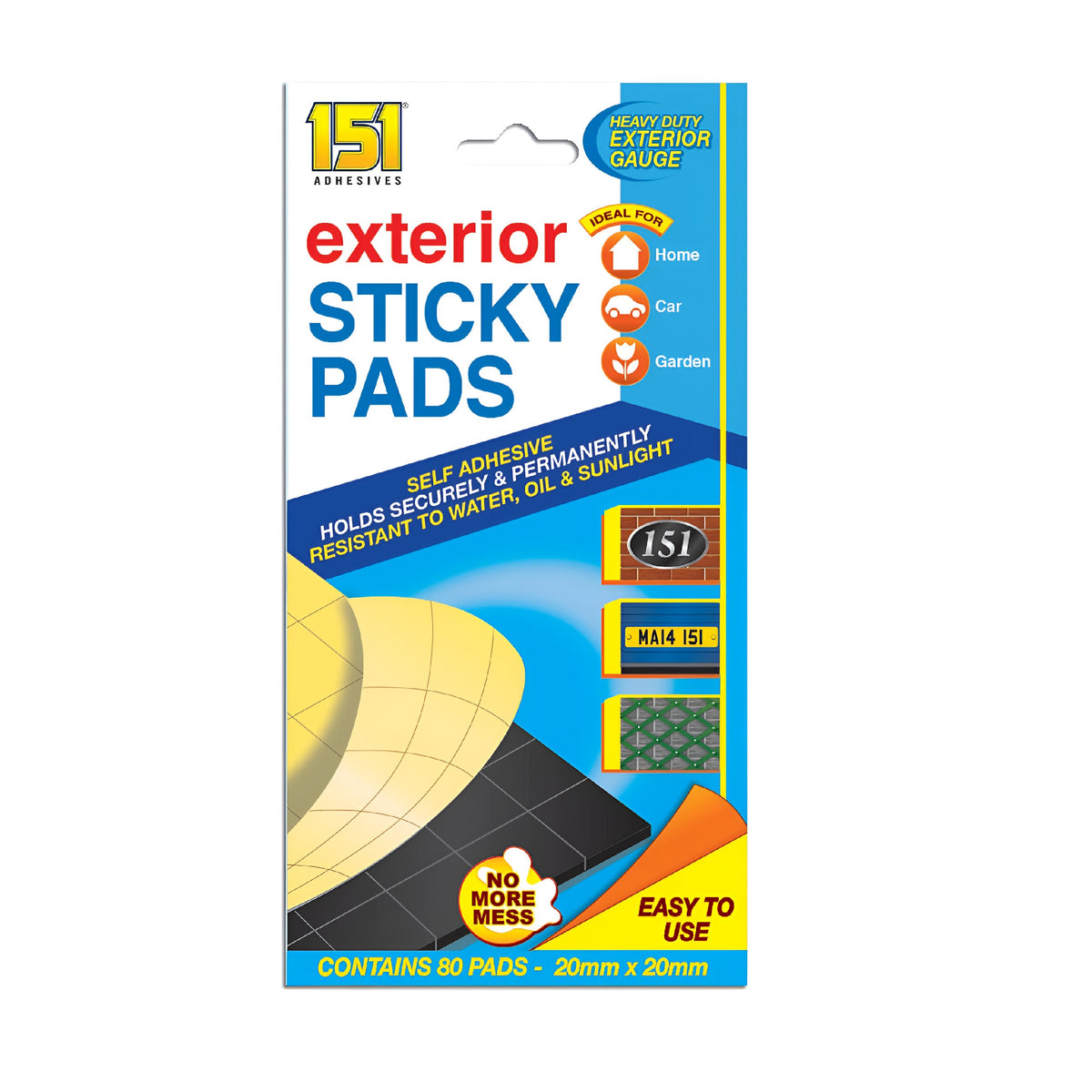151 Adhesives Exterior Sticky Pads 20mm x 20mm Pack of 80 | Heavy Duty Exterior Gauge | Self Adhesive | Holds Securely and Permanently | Resistant to Water - Oil and Sunlight | Easy to Use | Ideal for Home - Car - Garden