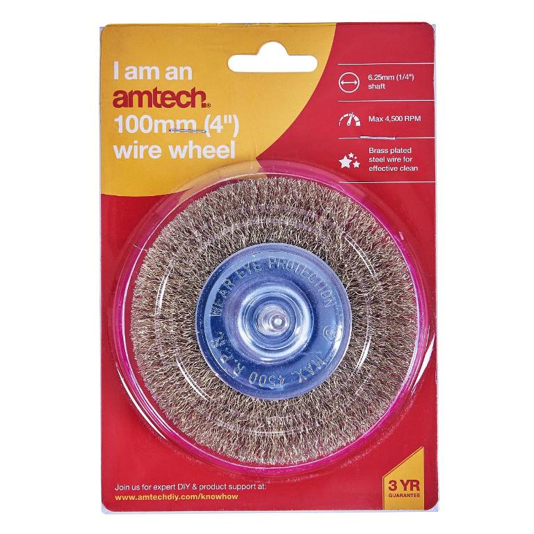 Amtech Wire Wheel Brass Plated 4-Inch F3300 | 6.25mm Shaft | Max 4500 RPM | Brass Plated Steel Wire for Effective Clean