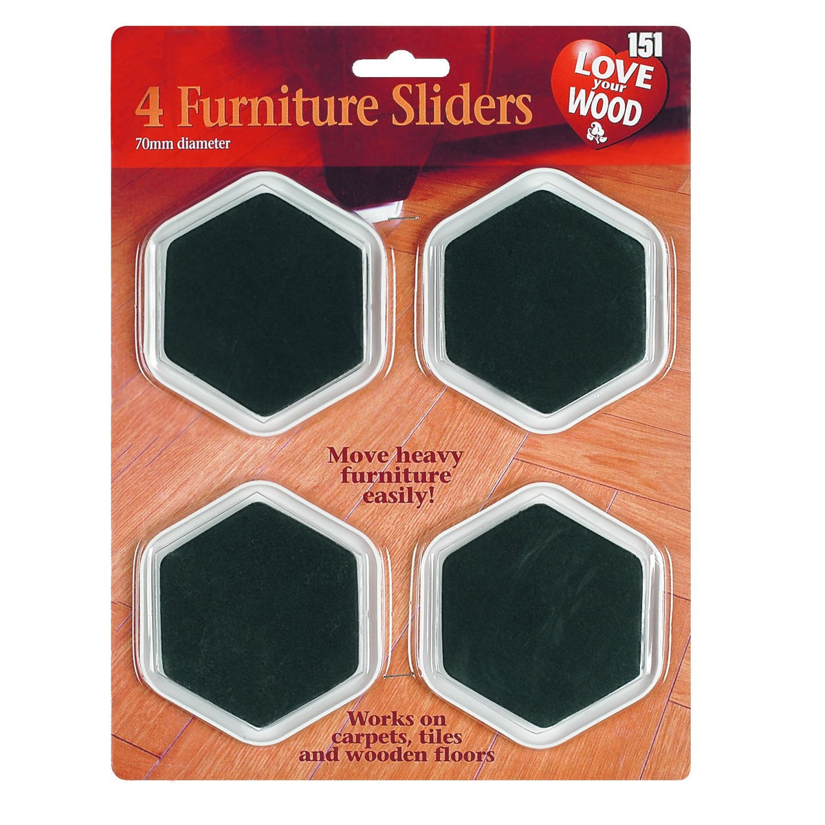 151 Love Your Wood Furniture Sliders Black 70mm Pack of 4 1511081 | Works on Carpets - Tiles and Wooden Floors