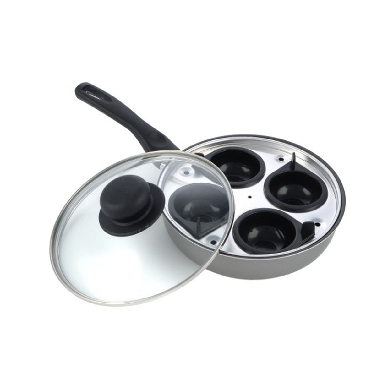 Cookclassic Hard Coat Non-Stick 4 Cup Egg Poacher Black 20cm 024 | Solid Hot Plate | Ceramic Hob | Gas Hob | Halogen Hob | Heat-Resistant Handles | Glass Lid