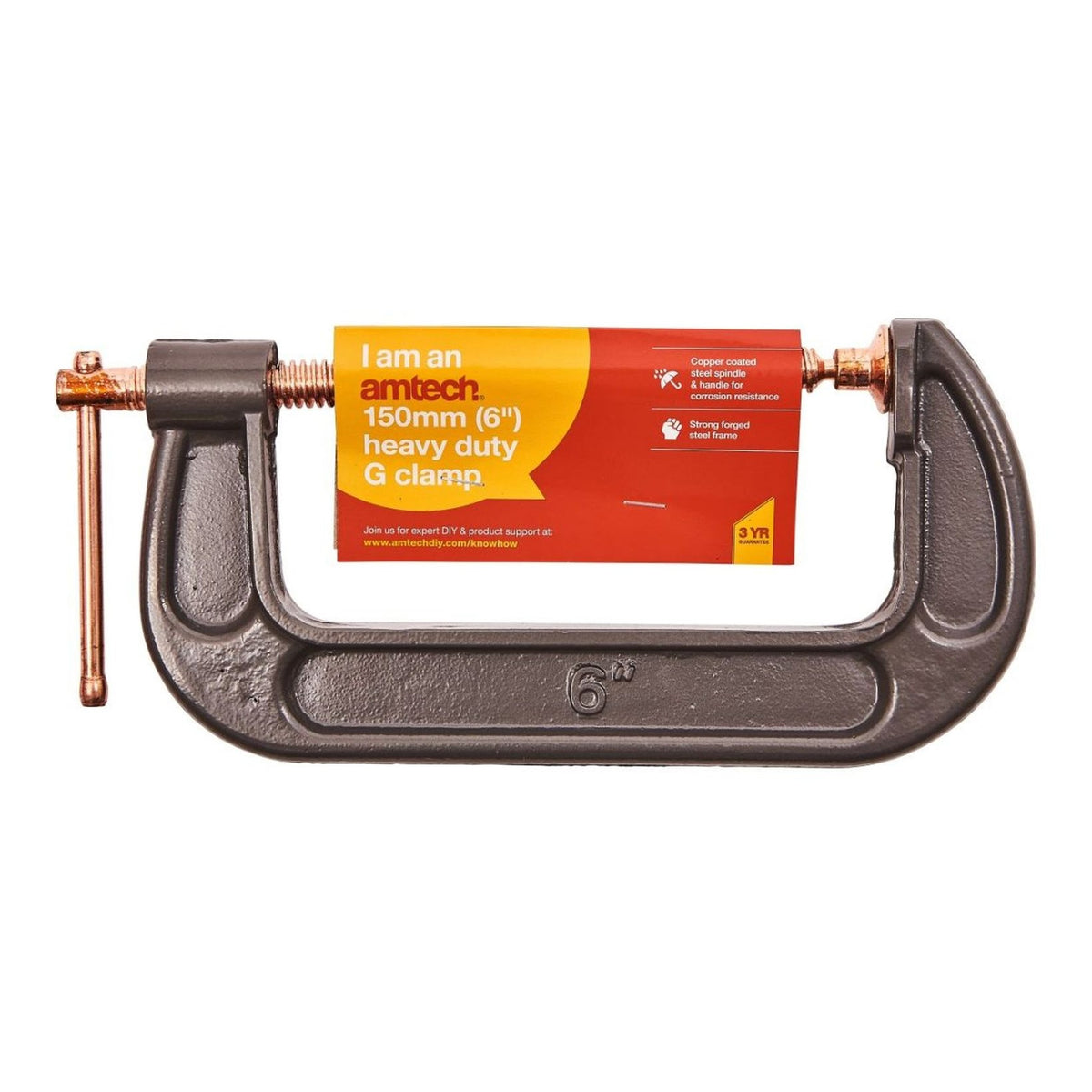 Amtech Heavy Duty G-Clamp Copper and Black 6-Inch W5800 | Copper Coated Steel Spindel and Handle for Corrosion Resistance | Strong Forged Steel Frame