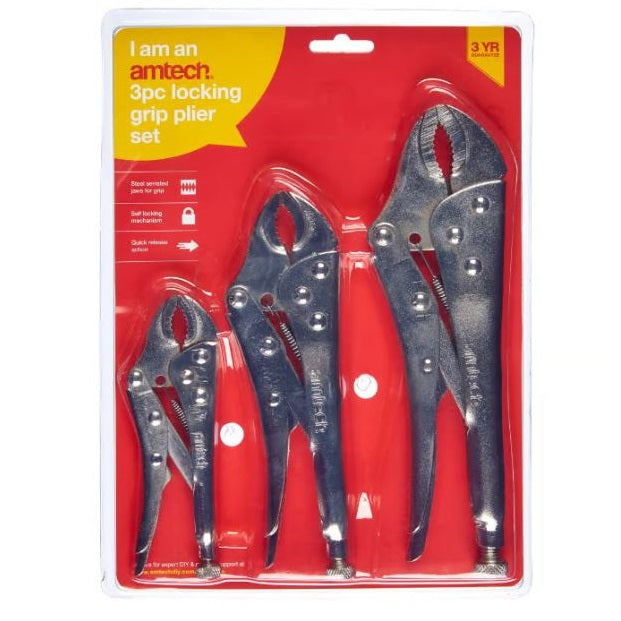 Amtech Locking Grip Plier Set Metallic Silver Assorted Pack of 3 C1670 | Steel Serrated Jaws for Grip | Self Locking Mechanism | Quick Release Action
