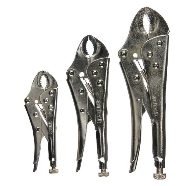 Amtech Locking Grip Plier Set Metallic Silver Assorted Pack of 3 C1670 | Steel Serrated Jaws for Grip | Self Locking Mechanism | Quick Release Action