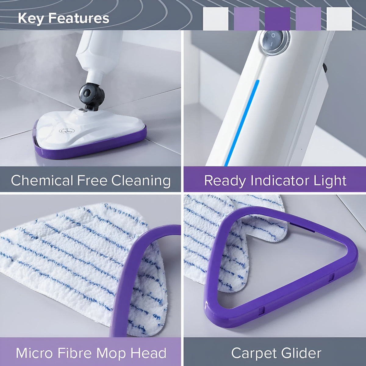 Quest Lightweight Steam Mop White 1300W 48cm x 13.5cm x 25cm 41989 | 15 Minutes Continuous Steam | Ready in 20 Seconds | For Hard Floors - Rugs and Carpets | Triangular Swivel Head | Cleans upto 50m2 with 1 Fill | Chemical Free Cleaning | Protect and