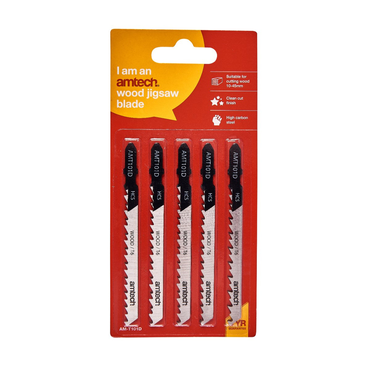 Amtech Wood Jigsaw Blade Set Black and Silver L100mm Pack of 5 AMT101D | Suitable for Cutting Wood 10mm-45mm | Clean Cut Finish | High Carbon Steel | T - Shank Fitting | 6 Teeth per Inch