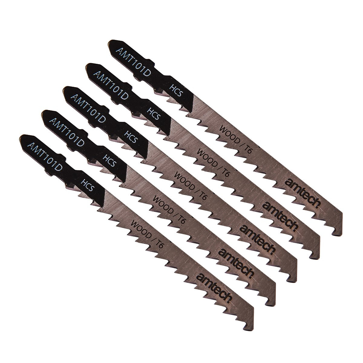 Amtech Wood Jigsaw Blade Set Black and Silver L100mm Pack of 5 AMT101D | Suitable for Cutting Wood 10mm-45mm | Clean Cut Finish | High Carbon Steel | T - Shank Fitting | 6 Teeth per Inch