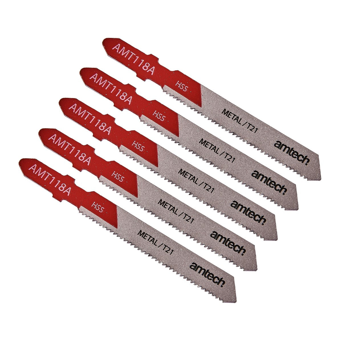 Amtech Metal Jigsaw Blade Set Red and Silver L75mm Pack of 5 AMT118A | Suitable for Cutting Metal 1mm - 3mm | High Speed Steel | T - Shank Fitting | 21 Teeth per Inch