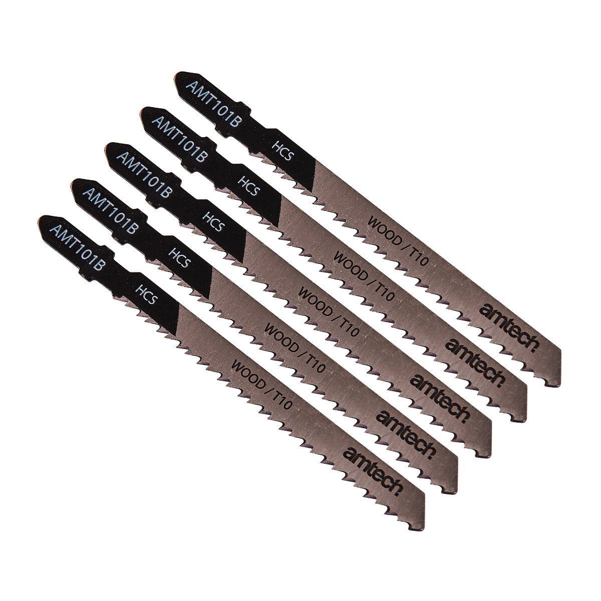 Amtech Wood Jigsaw Blade Set Black and Silver L100mm Pack of 5 AMT101B | Suitable for Cutting Wood 3mm - 30mm | Clean Cut Finish | High Carbon Steel | T- Shank Fitting | 10 Teeth per Inch