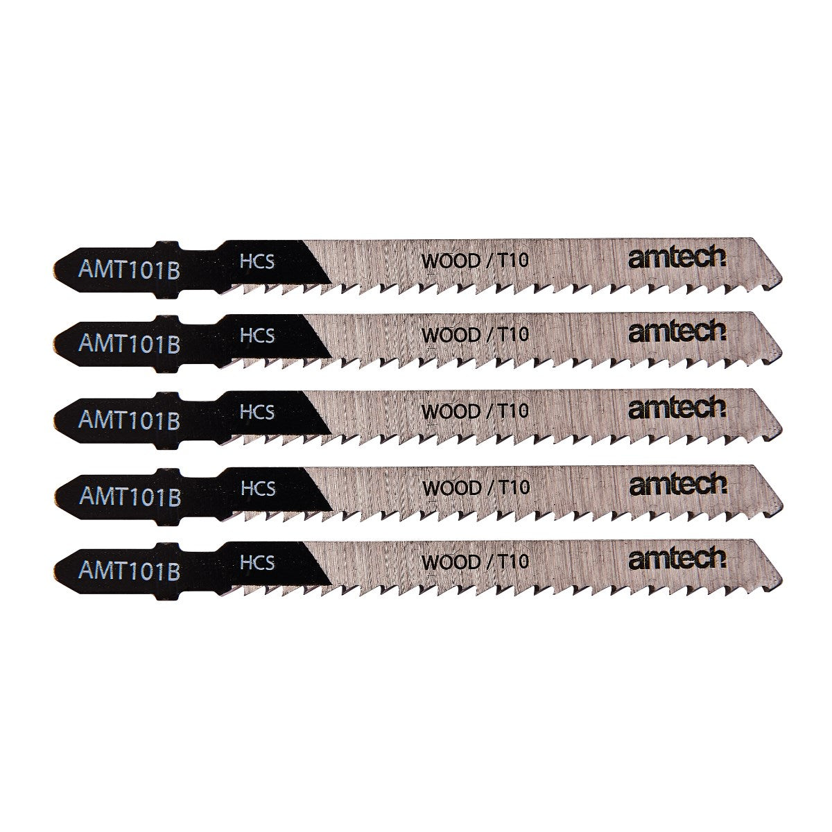 Amtech Wood Jigsaw Blade Set Black and Silver L100mm Pack of 5 AMT101B | Suitable for Cutting Wood 3mm - 30mm | Clean Cut Finish | High Carbon Steel | T- Shank Fitting | 10 Teeth per Inch