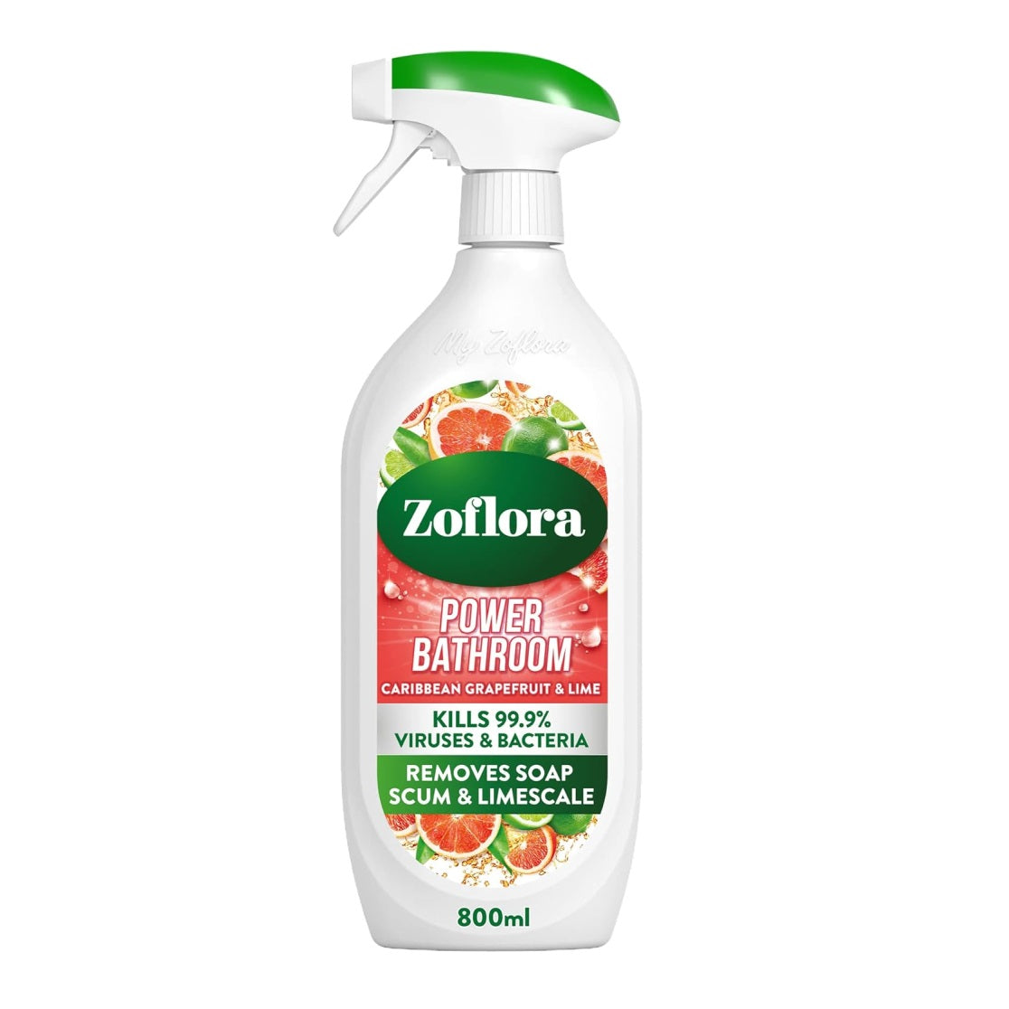 Zoflora Caribbean Grapefruit and Lime Power Bathroom Cleaner Spray White 800ml L177305 | Removes Soap Scum and Limescale | Kills 99.9 Percent of Bacteria and Viruses