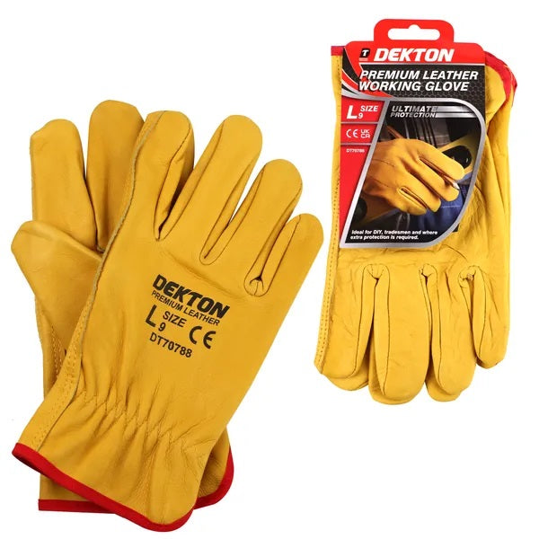 Dekton Premium Leather Large Heavy Duty Safety Working Gloves Yellow Size-9 DT70788 | For DIY-Tradesmen and Industrial | Durable Hand Protection for Construction-Mechanics and Gardening