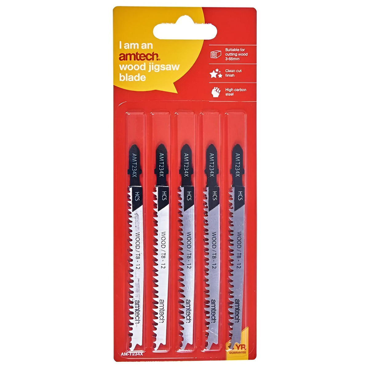 Amtech Wood Jigsaw Blade Set Black and Silver L116mm Pack of 5 AMT234X | Suitable for Cutting Wood 3mm-65mm | T-Shank Fitting | High Carbon Steel | 8 - 12 teeth per Inch