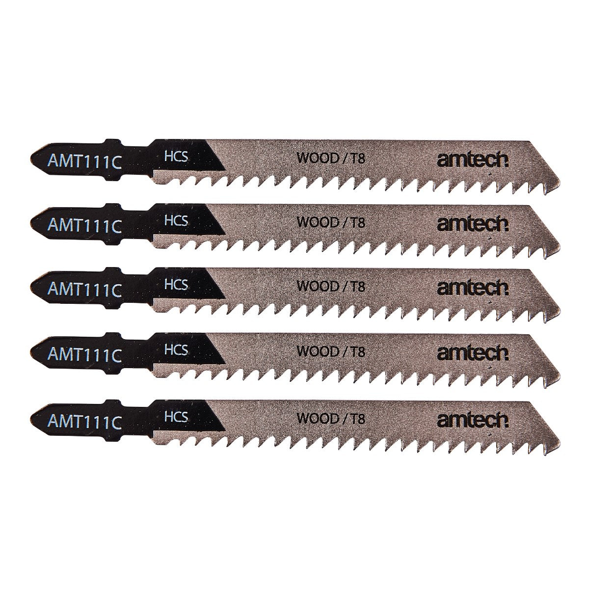 Amtech Wood Jigsaw Blade Set Black and Silver L100mm Pack of 5 AMT111C | Suitable for Cutting Wood 4mm-50m | General Purpose Finish | High Carbon Steel | T-Shank Fitting | 8 Teeth per Inch