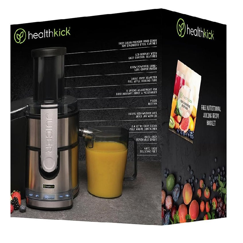 HealthKick Digital Fruit and Veg Juice Extractor Steel 800W 35cm x 26cm x 40cm K3152 | Food Grade Stainless Steel 304 | Easy Clean | 85mm Full Apple | Dishwasher Safe