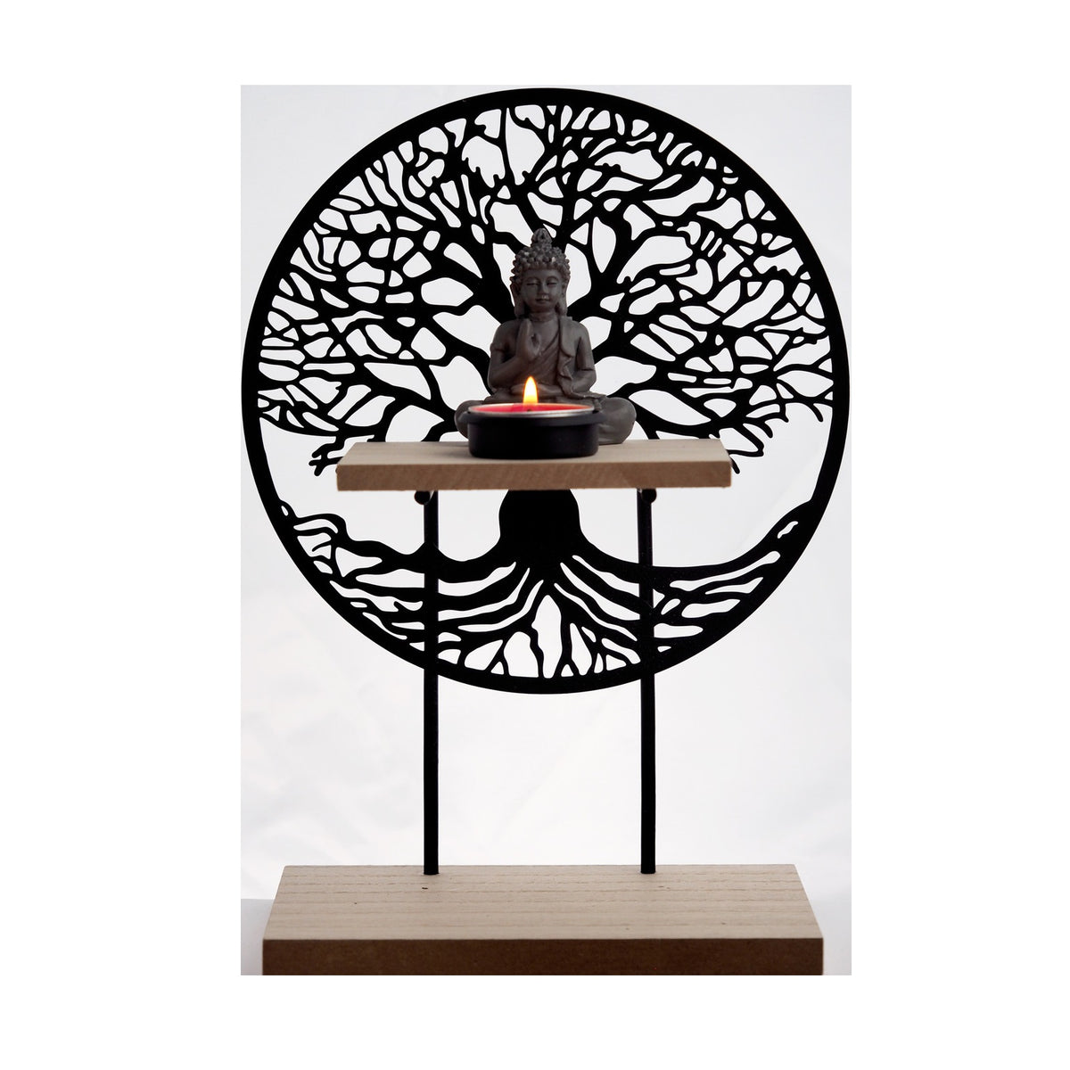 SiL Tree of Life Decorative Buddha Candle Holder with Metal Tree Silhouette and Wooden Base Black 29cm x 20cm x 10cm TL0076