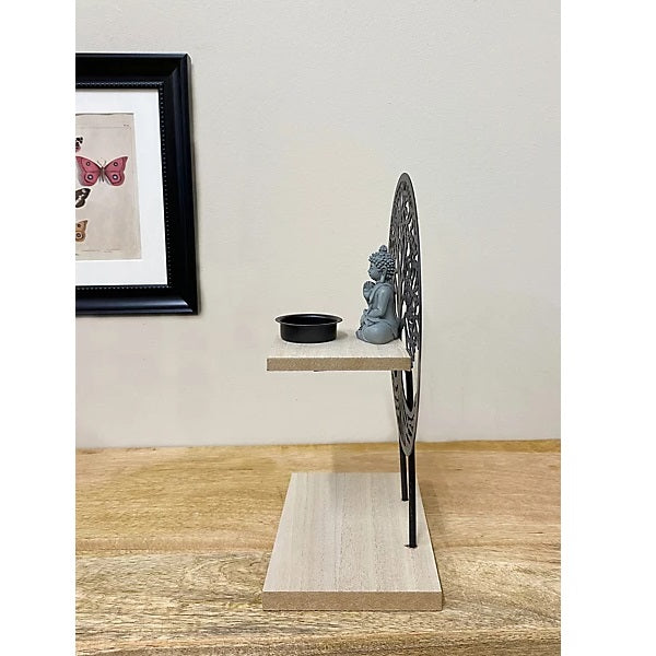SiL Tree of Life Decorative Buddha Candle Holder with Metal Tree Silhouette and Wooden Base Black 29cm x 20cm x 10cm TL0076
