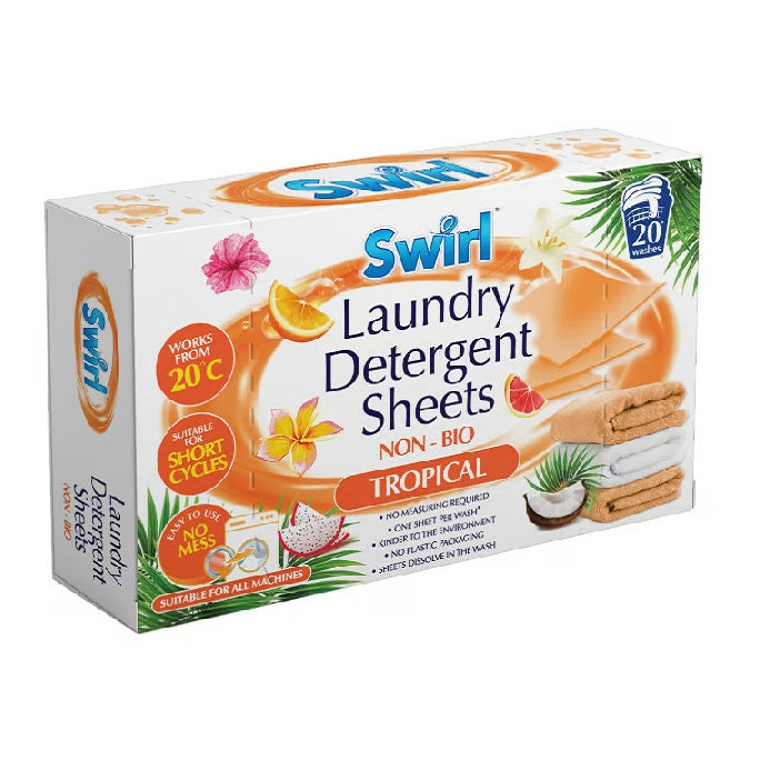 151 Swirl Non - Bio Tropical Laundry Detergent Sheets Orange Pack of 20 SW1038 | Works from 20 Degree Celsius | Suitable for Short Cycles | Easy to Use - No Mess | Suitable for All Machines | No Measuring Required | One Sheet Per Wash | Kinder to the Environment | No Plastic Packaging | Sheets Dissolve in the Wash