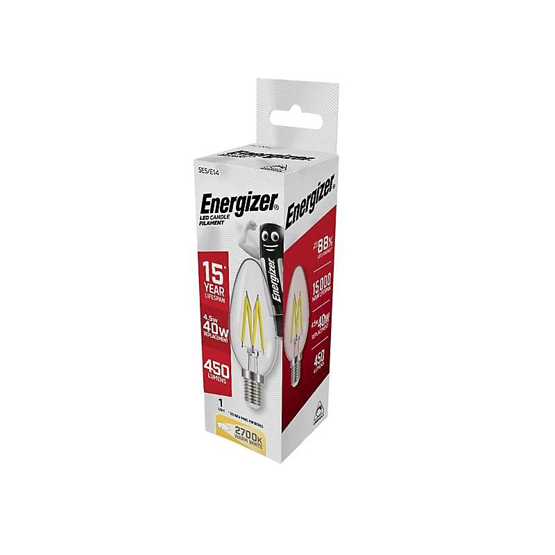 Energizer SES E14 Dimmable LED Candle Filament Bulb 5W Clear S12856 | 550 Lumens | 2700K Warm White | 450 Lumens | 15-Year Lifespan | Energy-Efficient Decorative Light