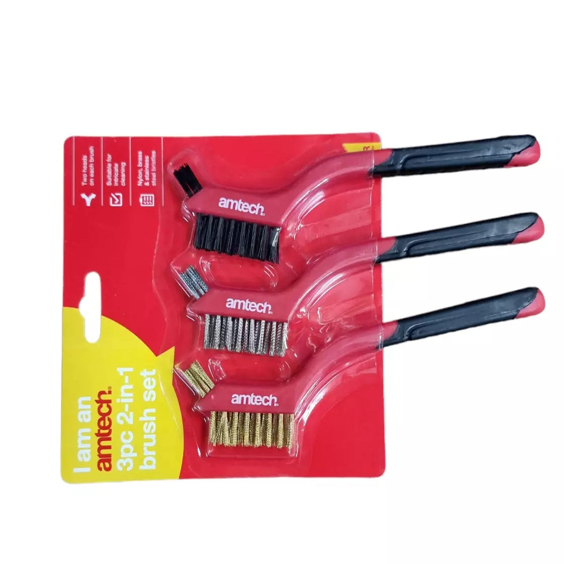 Amtech 2 in 1 Intricate Cleaning Brush Set Assorted Pack of 3 S3535 | Suitable for Cleaning Jobs-Removal of Flaking Paint-Rust and Dirt | Comfortable Soft-Grip Handles